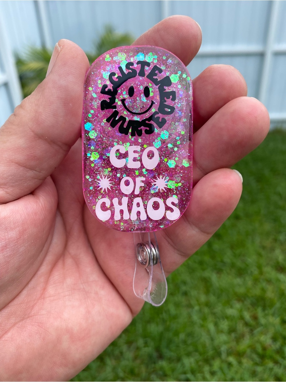 Pink Glitter "CEO of Chaos" Retractable Badge Reel